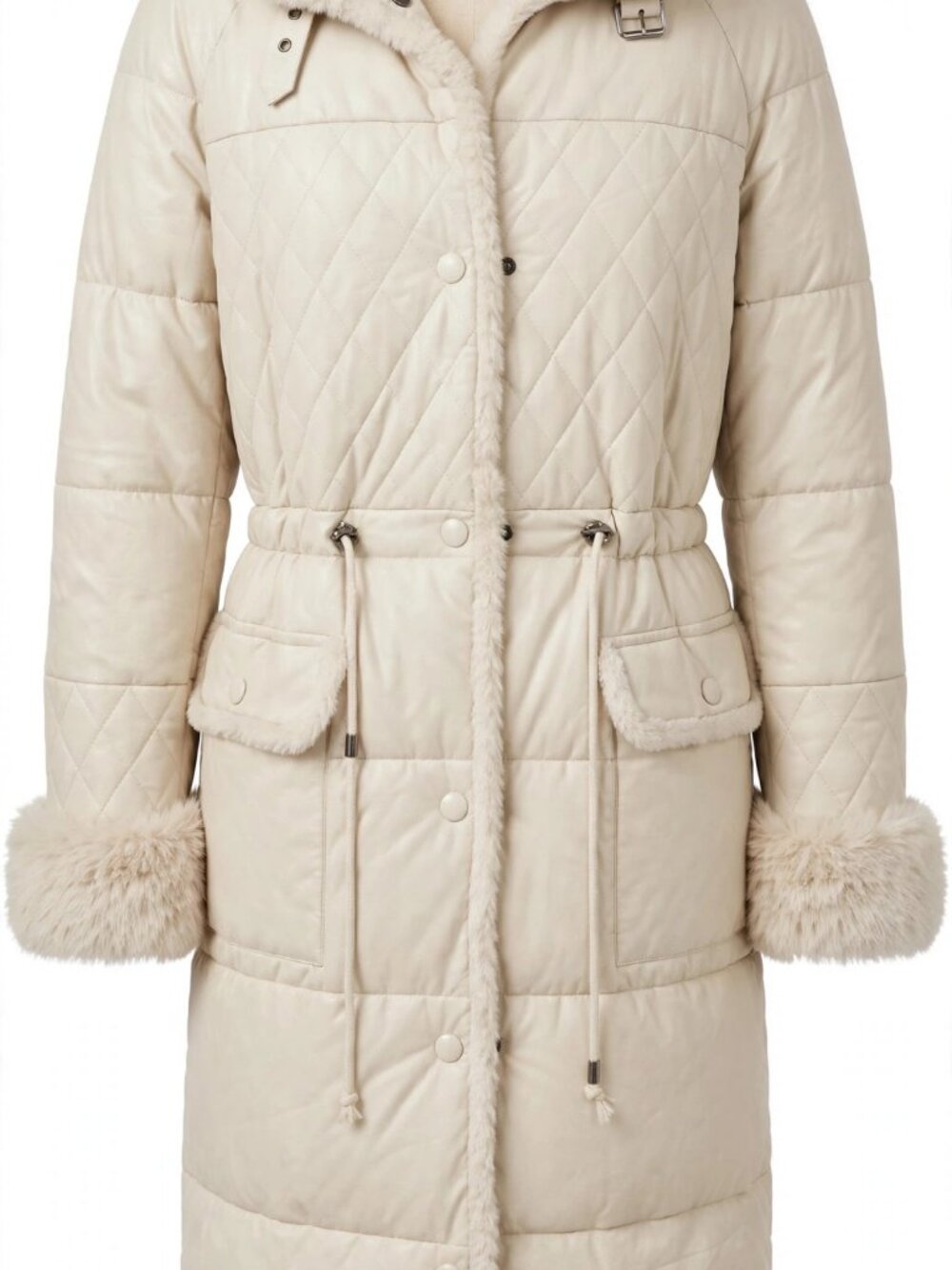Coalition LA Cream Diamond Quilted Long Puffer Coat Faux Fur Trim M NWT